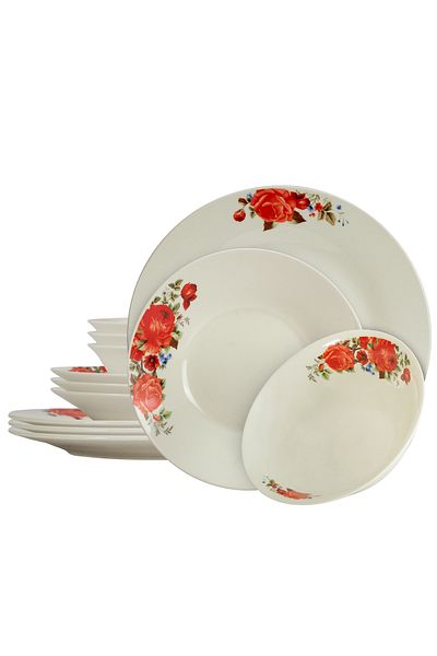 Cesiro 12-piece plate set, for 4 people, Cesiro, Ivoire with red rose