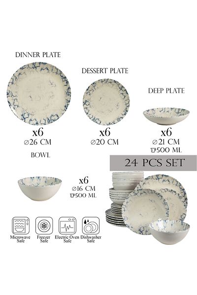 Cesiro 24-piece plate set, for 6 people, Marble, Cesiro, Ivory White with Blue