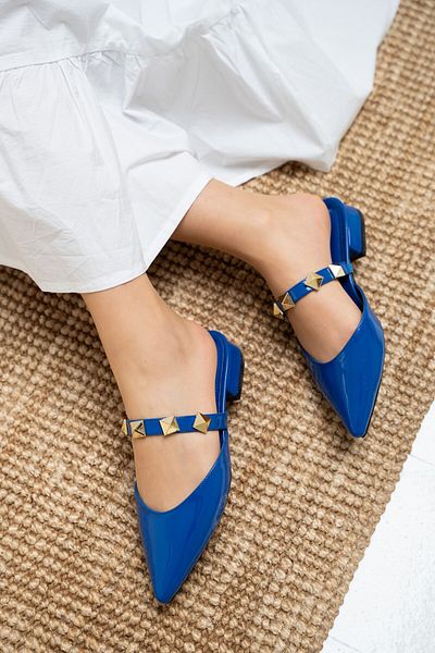 LAMİNTA Ricco Navy Blue Patent Leather Women's Slippers with Staple Detail