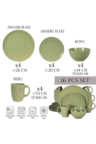 Cesiro 16-piece plate set, for 4 people, Sage, Cesiro, Sage Green Matt with black dots