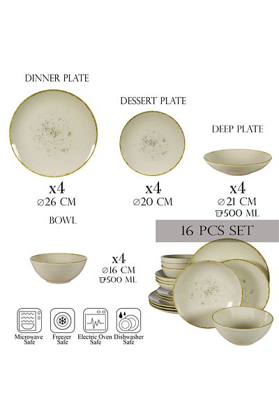 Cesiro 16-piece plate set, for 4 people, Ivory Stone, Cesiro, White Ivoire with gold rim