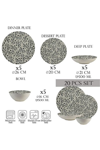 Cesiro 20-piece plate set, 5 people - Fiori di Ciliegio - Italian Porcelain Dinnerware Set