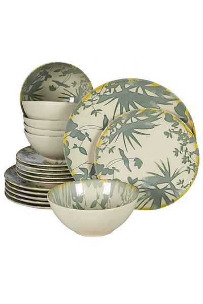 Cesiro 18-piece plate set, for 6 people, Hawaii, Cesiro, Ivory white with gray leaves