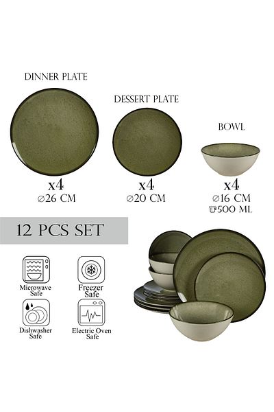 Cesiro 12-piece plate set, for 4 people, Earth Green, Cesiro, Glossy Ivoire White with Green