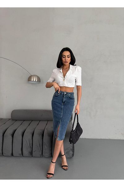 Zeo Basic FUSTA JEAN LICHRA DE LUNGIME MIDI CU SLIT