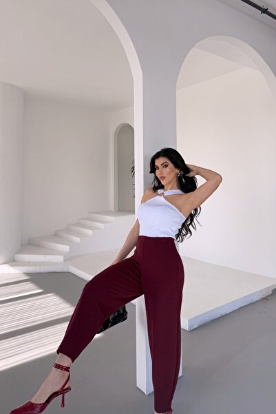 Stil Reyonu Krep Kumaş En-Boy Likralı Kemersiz Balon Pantolon