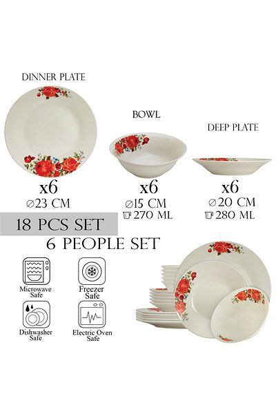 Cesiro 18-piece plate set, for 6 people, Cesiro, Ivoire with red rose