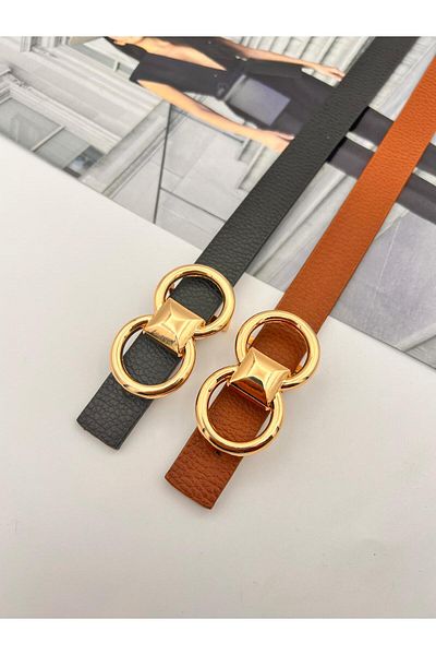MODAM HİFA Gold for Women Belt and Pants Belt Soirée Slim with 2 Pyramid Buckles