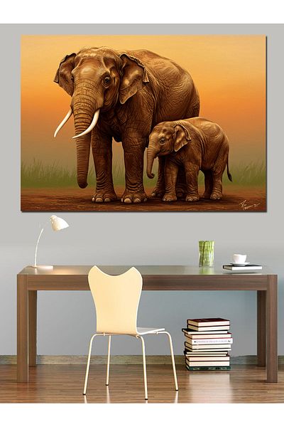 Tablomega Διακοσμητικός καμβάς Elephant Family at Sunset - Ξύλινος πίνακας MDF