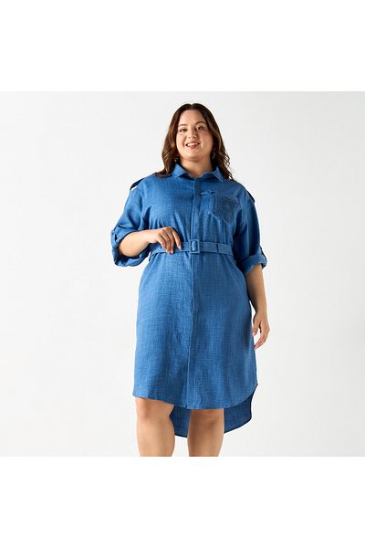 FAV Lace Detail Shirt Dress with Buckled Belt and Pockets