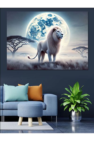 Tablomega Διακοσμητικός καμβάς White Lion in Moonlight - Ξύλινος πίνακας MDF