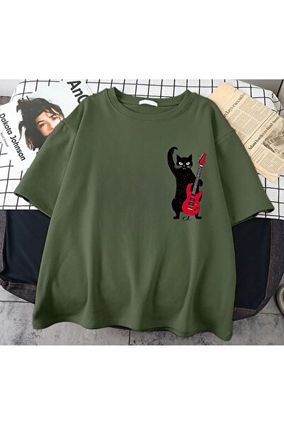 Minga London Μπλουζάκι Mingalondon Khaki Music Cat Oversize με στάμπα μπροστά/πίσω