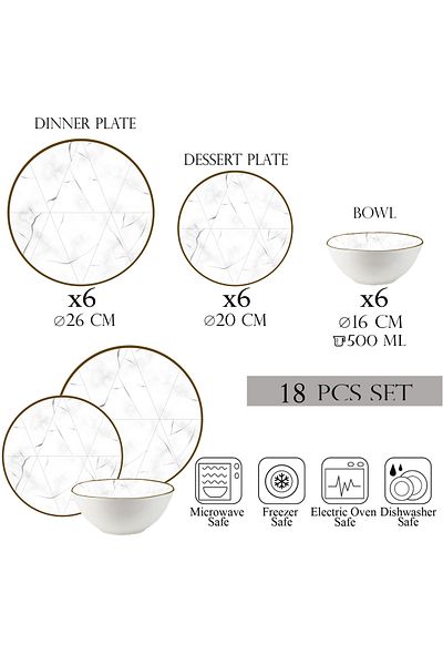 Cesiro 18-piece plate set, 6 people, bowl set - Ensemble Marmura Aurea - Italian Porcelain Dinnerware Set