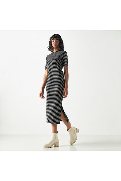 FAV Striped Midi Bodycon Dress with Short Sleeves and Slit