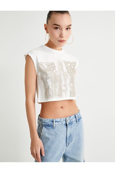 Koton New Season Crop Sleeveless T-Shirt Printed Crew Neck Cotton