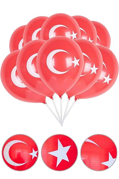 Parti dolabı 12 Pieces Flag Balloon Turkish Flag Red Printed Balloon 23 April Decoration