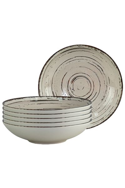 Cesiro Set of 6 deep plates, 21 cm, Stone, Cesiro, Made in Romania, Ivoire White with brown lines
