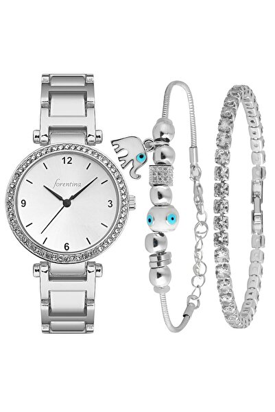 Forentina Gri Metal Kol Saati-Filli 2li Bileklik Kombin Set PS4020