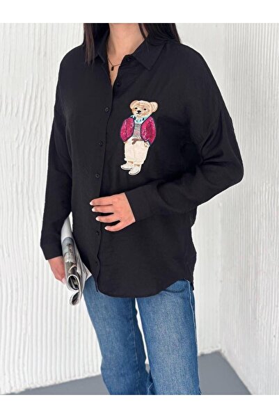 hira fashion Black S Size Luxury Bear Embroidered Shirt