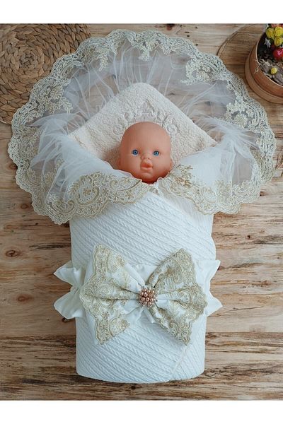 Tomuycuk Ecru Knitted Baby Swaddle - Cotton & Lace Newborn Baby Blanket