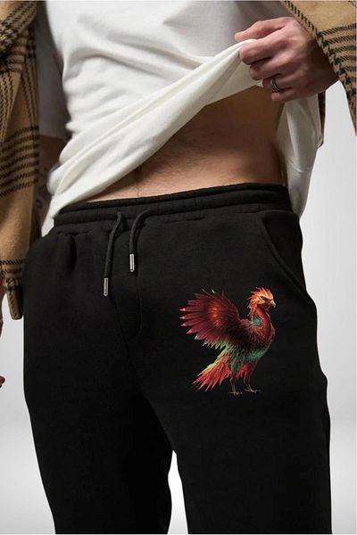 Angemiel Phoenix Fire Bird Cotton 3 Thread Black Sweatpants Men's Oversize Cut Digital Printed