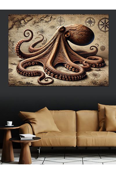 Tablomega Pânză decorativă cu desen de caracatiță în stil vechi - pictură din lemn MDF