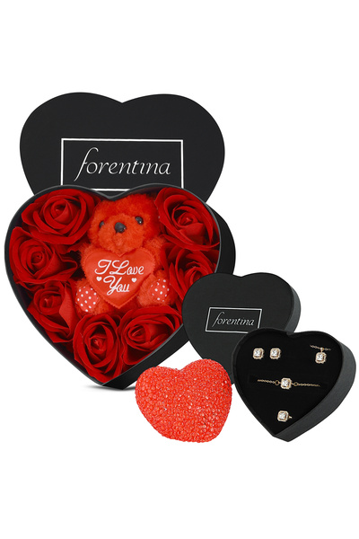 Forentina Altın Kaplama Baget Takı-Kalpli Led Lamba-Kırmızı Kadife Güllü Ayıc...