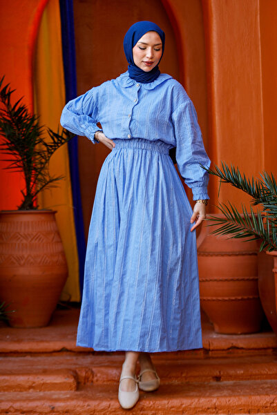 LOCCO Costum cămașă albastru cu detaliu dungi pentru femei