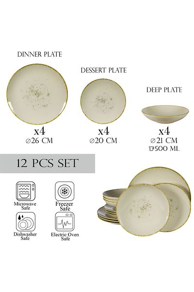 Cesiro 12-piece plate set, for 4 people, Ivory Stone, Cesiro, White Ivoire with gold rim