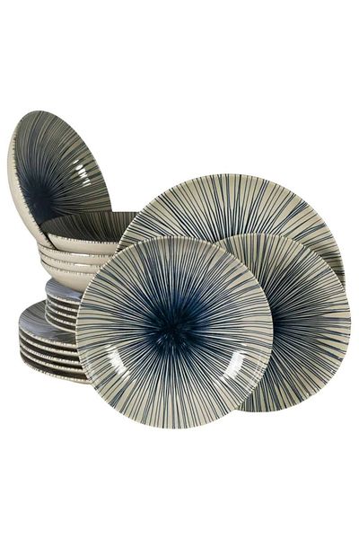 Cesiro 18-piece plate set, for 6 people, MoonLight, Cesiro, Ivory White with blue lines