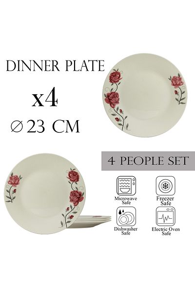 Cesiro Set of 4 wide plates 23 cm for 4 people, Ivoire with pink rose