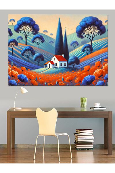Tablomega Abstract Blue House Landscape Διακοσμητικός καμβάς - Ξύλινος πίνακας MDF