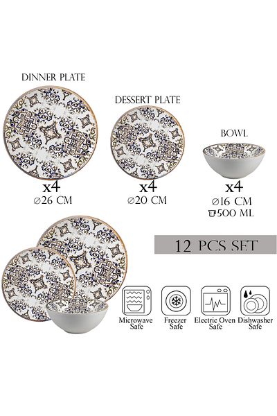 Cesiro 12-piece plate set, 4 people, bowl set - Eleganza Bronzo - Italian Porcelain Dinnerware Set