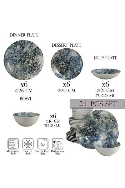 Cesiro 24-piece plate set, for 6 people, Blue Tiles, Cesiro, Ivory/Blue