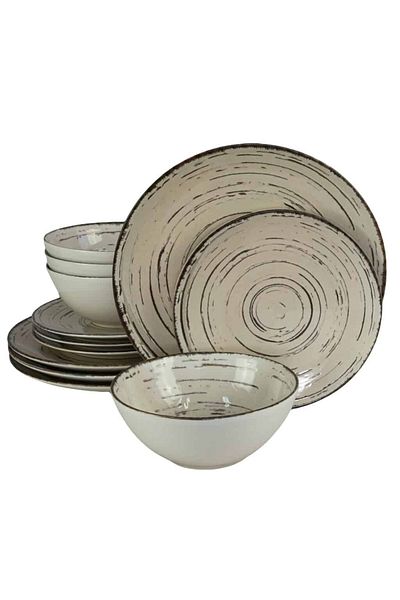 Cesiro 12-piece plate set, for 4 people, Stone, Cesiro, Ivory White with black lines
