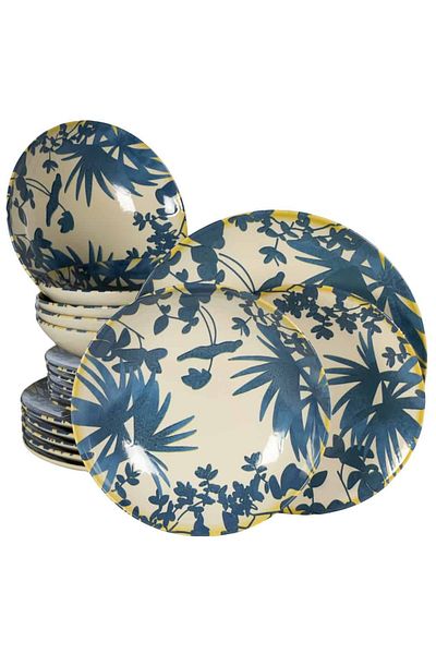 Cesiro 18-piece plate set, for 6 people, Hawaii, Cesiro, Ivory white with dark blue leaves