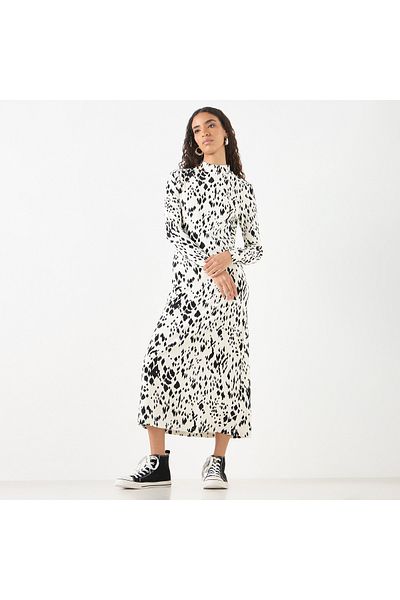 FAV All-Over Print High Neck Shift Dress with Long Sleeves