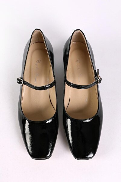 Hayati Arman Women's Genuine Leather Upper Strap Heeled Shoes Black Patent Leather