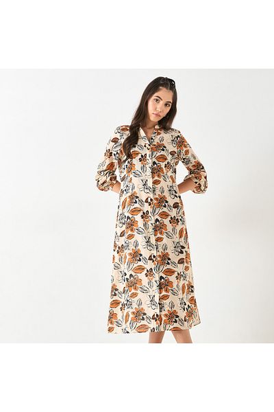 FAV All-Over Floral Print Mandarin Collar Shirt Dress with Long Sleeves