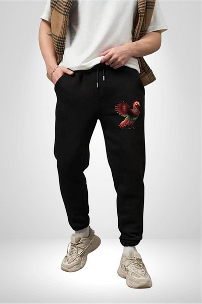 Angemiel Phoenix Fire Bird Cotton 3 Thread Black Sweatpants Men's Oversize Cut Digital Printed