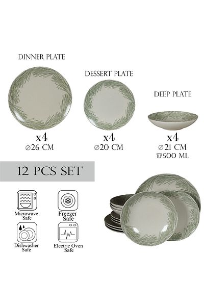 Cesiro 12-piece plate set, for 4 people, Silver Fir, Cesiro, Ivoire White with Gray