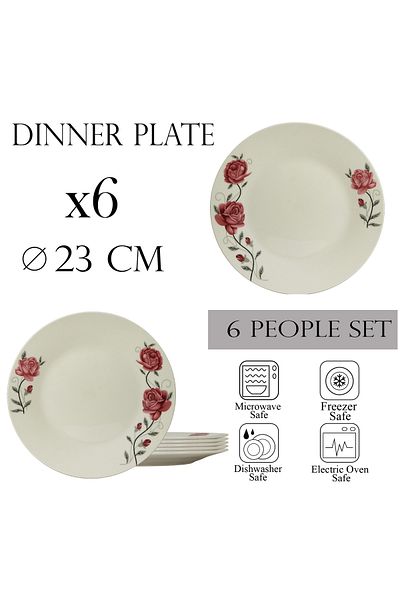 Cesiro Set of 6 dinner plates 23 cm for 6 people, Ivoire with pink rose