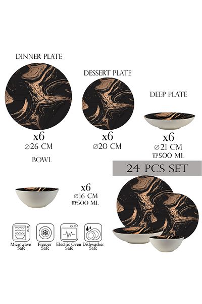 Cesiro 24-piece plate set, 6 people - Ensemble Bronzed Marble - Italian Porcelain Dinnerware Set