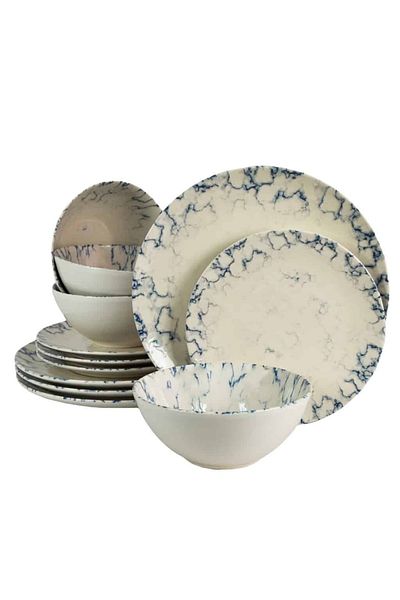Cesiro 12-piece plate set, for 4 people, Marble, Cesiro, Glossy Ivoire White with Blue