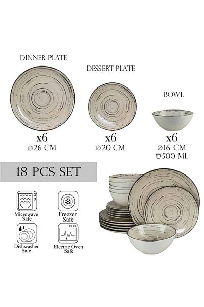 Cesiro 18-piece plate set, for 6 people, Stone, Cesiro, Ivory White with black lines