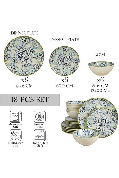 Cesiro 18-piece plate set, for 6 people, Marocco, Cesiro, Ivory White with Blue