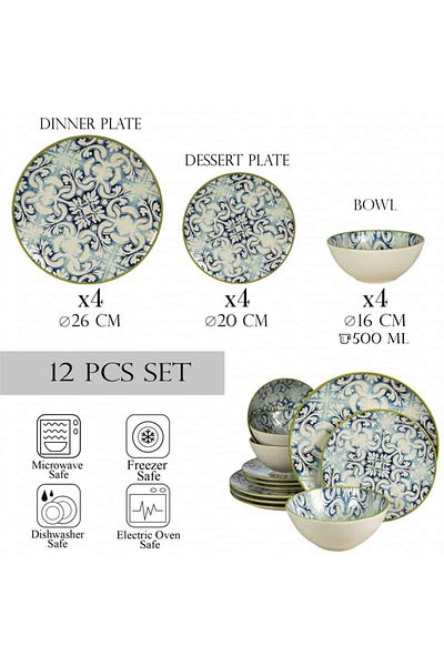 Cesiro 12-piece plate set, for 4 people, Marocco, Cesiro, Ivory White with Blue