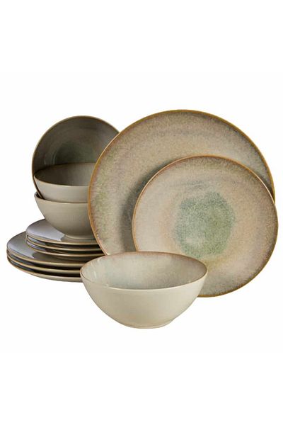 Cesiro 12-piece plate set, for 4 people, Shell, Cesiro, Glossy light cream with brown rim