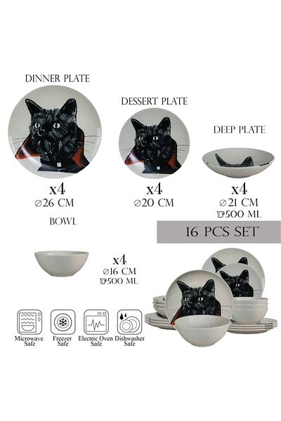 Cesiro 16-piece plate set, for 4 people, Dracula Cat, Cesiro, Ivoire with the Cat