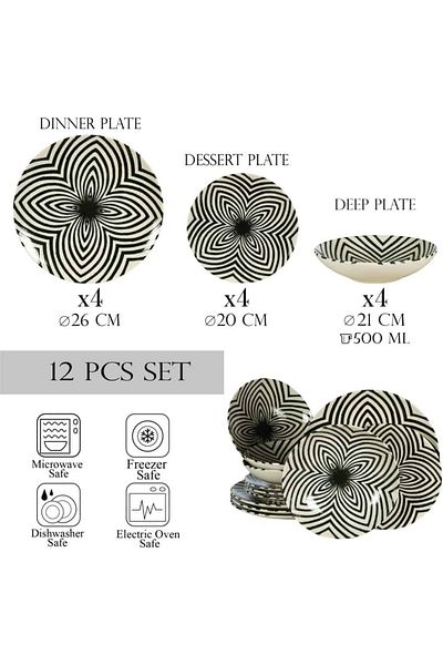 Cesiro 12-piece plate set, for 4 people, Hawaii, Cesiro, Ivory White decorated with black leaves